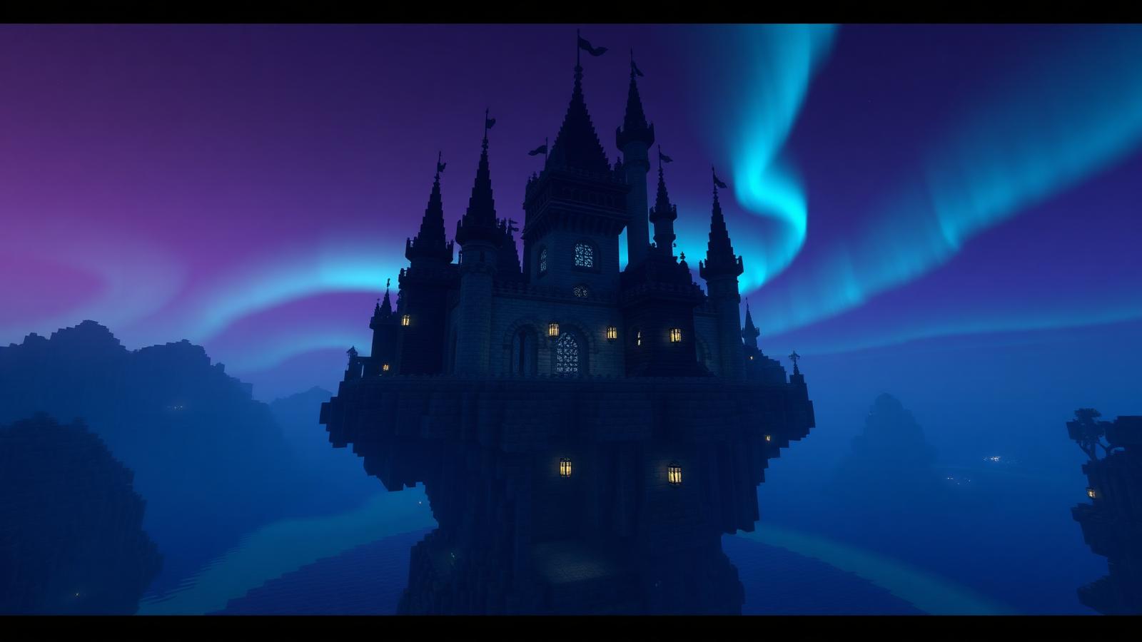 Minecraft castle build with aurora sky